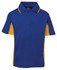 A blue and yellow polo shirt featuring a collar and short sleeves, with a logo on the label.