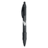 A black plastic pen with a textured grip and a logo on the barrel.
