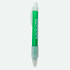A green plastic pen with a clear tip and one visible branding logo.