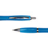 A blue plastic pen with a shiny silver clip and trim, showcasing its top and pointed ends.