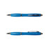 A blue plastic pen with a shiny chrome clip and accents, featuring a sleek design and a branding logo.