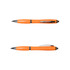 An orange plastic pen with chrome accents, featuring a clip and retractable ballpoint tip.