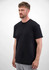 A black short sleeve tee worn by a man, featuring a simple design and a logo.