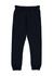 A pair of navy track pants featuring an elastic waistband and cuffs, with pockets on the sides and a logo.