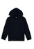 A navy blue kids' hoodie featuring a front pocket and a drawstring hood. It has a logo on the design.