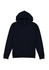 A navy blue hoodie featuring a front pocket and a hood, with an added branding logo.