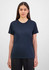 A women's short sleeve tee in navy blue, featuring a simple design and a logo on the garment.