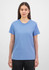 A women's short sleeve tee in a soft blue colour, featuring a crew neck and a fitted style. It has a logo on the sleeve.