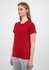 A red short sleeve women's t-shirt displayed on a mannequin, featuring a simple design and a logo.