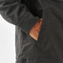 A men's oxford grey canvas jacket with a sherpa lining and side pocket detail. Features a branding tag.