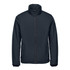 A navy blue Men's Athabasca Thermal Jacket features a high collar and front zip, with side pockets and a logo.