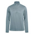 A light blue men's pullover with a quarter zip and long sleeves, featuring a logo on the upper side.