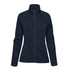 A navy blue women's fleece jacket featuring a full zip and high collar. It has a logo on the front.