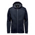 A navy blue men's hoodie with a full zip, featuring a hood and side pockets, and a logo on the chest.