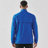 A blue men's full zip rain jacket with a back vent and a logo on the upper section.