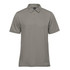 A men's short-sleeve polo in grey, featuring a classic collar and three-button placket. It has a logo on the chest.