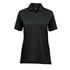 A black women's polo shirt with a collar and three buttons, featuring a logo on the chest.
