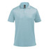 A light blue men's polo shirt with a collar and three-button placket, featuring a logo on the chest.