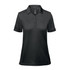 A black women's polo shirt with a classic collar and short sleeves, featuring a logo on the chest.