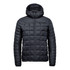 A puffer jacket in black, featuring a hood and a quilted design, with a zip closure and branding.
