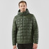 A man wearing a green puffer jacket with a hood, featuring a quilted design. The jacket has a logo on it.