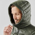 A puffer jacket in olive green with a hood, featuring quilted detailing and a zipped closure.