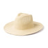 A straw hat in a light beige colour with a wide brim and a soft crown. It features a logo on the band.