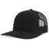 A black trucker cap with a solid front and mesh back, featuring a logo on the side.