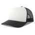 A trucker cap featuring a white front panel and a black brim with a mesh back. The cap includes a logo.