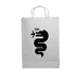 A white paper bag featuring a black snake design and a logo at the top.