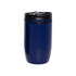A drink bottle with a navy blue finish and a black lid, featuring a logo on the side.