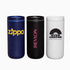A drink bottle trio featuring a navy blue, black, and white vacuum tumbler with various logos.