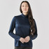 Navy women's pullover with a quarter zip and long sleeves, featuring a logo on the front.