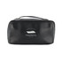A black travel toiletry bag with a zip closure and a handle, featuring a logo on the front.