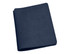 A navy blue passport wallet with a textured surface, featuring stitching and a logo on the front.