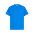 A bright blue t-shirt with short sleeves and a round neckline. It features a logo on the label.