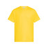 A yellow unisex T-shirt with a round neckline and short sleeves. It features a logo on the label.