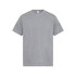 A grey men's essential T-shirt with a classic crew neck and short sleeves, featuring a logo.