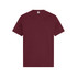 A maroon T-shirt with short sleeves, featuring a plain design and a logo on the label.