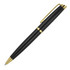 A black ballpoint pen with gold trim and a clip, featuring a sleek, elegant design.