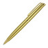 A gold ballpoint pen with a sleek design and a clip, featuring a branding logo.