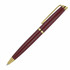 A ballpoint pen with a maroon body and gold trim, featuring a clip and a smooth design. It has a branding logo.