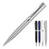 A metal ballpoint pen in silver with a polished finish, alongside pens in black, navy, white, and another silver variant.