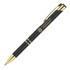 A black ballpoint pen with gold trim and a logo, featuring a sleek design and shiny finish.