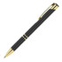 A black ballpoint pen with gold trim, featuring a sleek design and a clip for easy attachment.