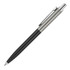 A black and silver ballpoint executive pen with a chrome clip and detailing, featuring a branding logo.