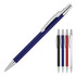 A metal ballpoint pen in matte navy, with chrome accents, displayed alongside pens in black, red, and white.