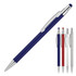 A metal ballpoint pen in matte navy with a silver clip and stylus tip, alongside three additional colour options.