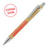 A bamboo ballpoint pen with a silver clip and a logo, featuring a natural wood finish and red accents.