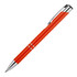 A metal ballpoint pen in vibrant orange with chrome accents and a sleek design. It features a logo on the barrel.